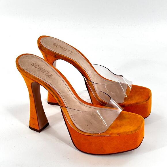 Schutz Haila Vinyl Suede Platform Sandals 10 Yellow Bright Sun Heels Womens - Picture 5 of 8